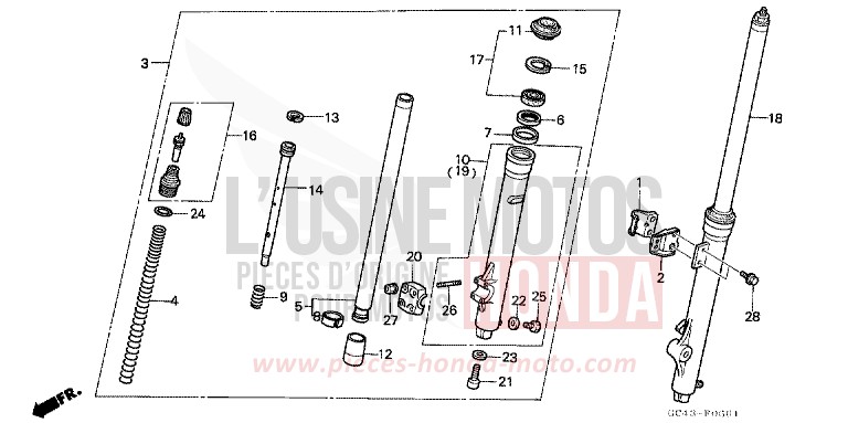 FOURCHETTE AVANT (R2F/R2G) de CR80R "Grandes Roues" FLASH RED (R119) 1986